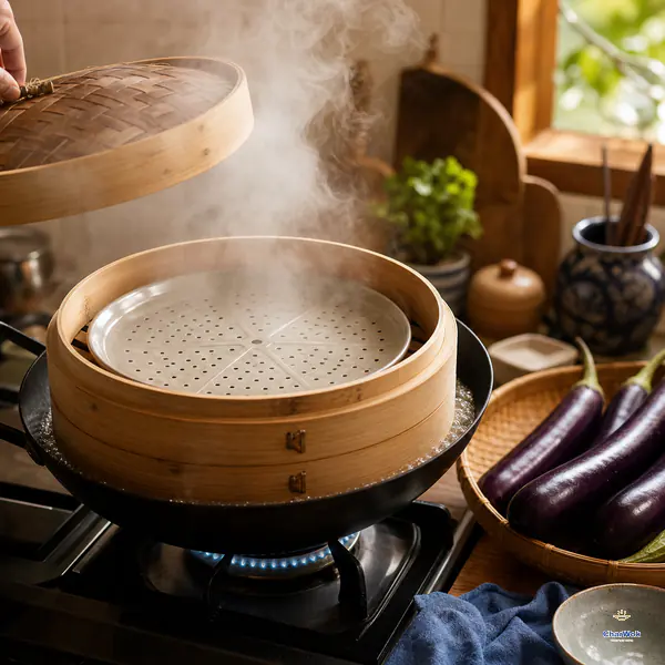 An empty metal steaming plate sits inside a bamboo steamer over vigorously rolling water while whole uncut purple Chinese eggplants wait beside the stove