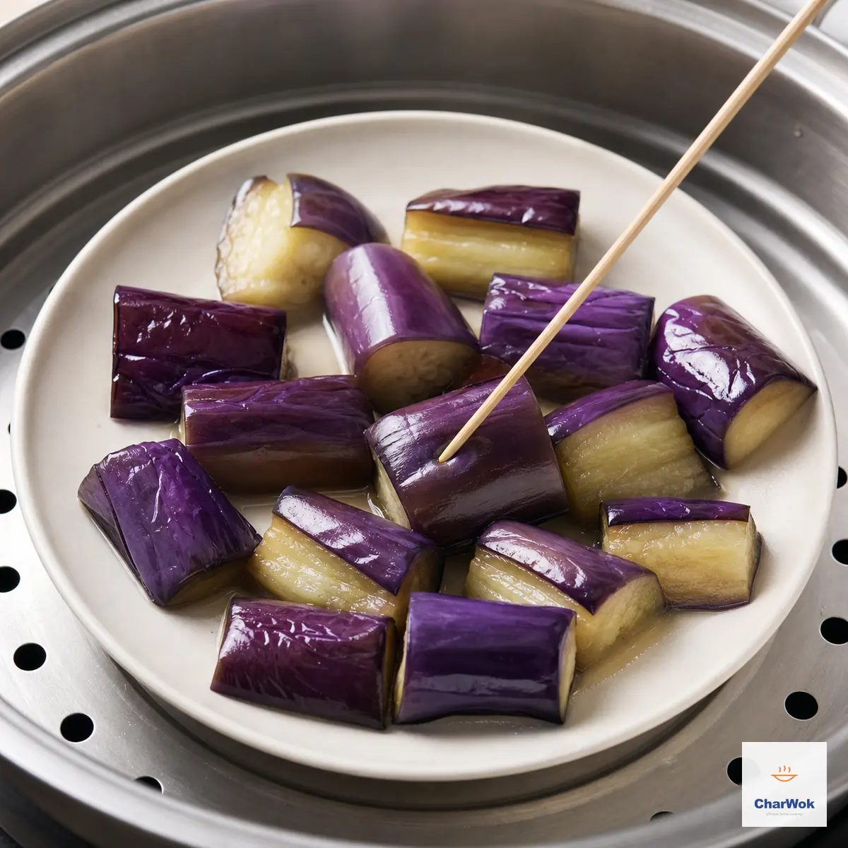 A bamboo skewer tests a softened but intact piece of glossy purple steamed eggplant while clear steaming liquid remains on the plate
