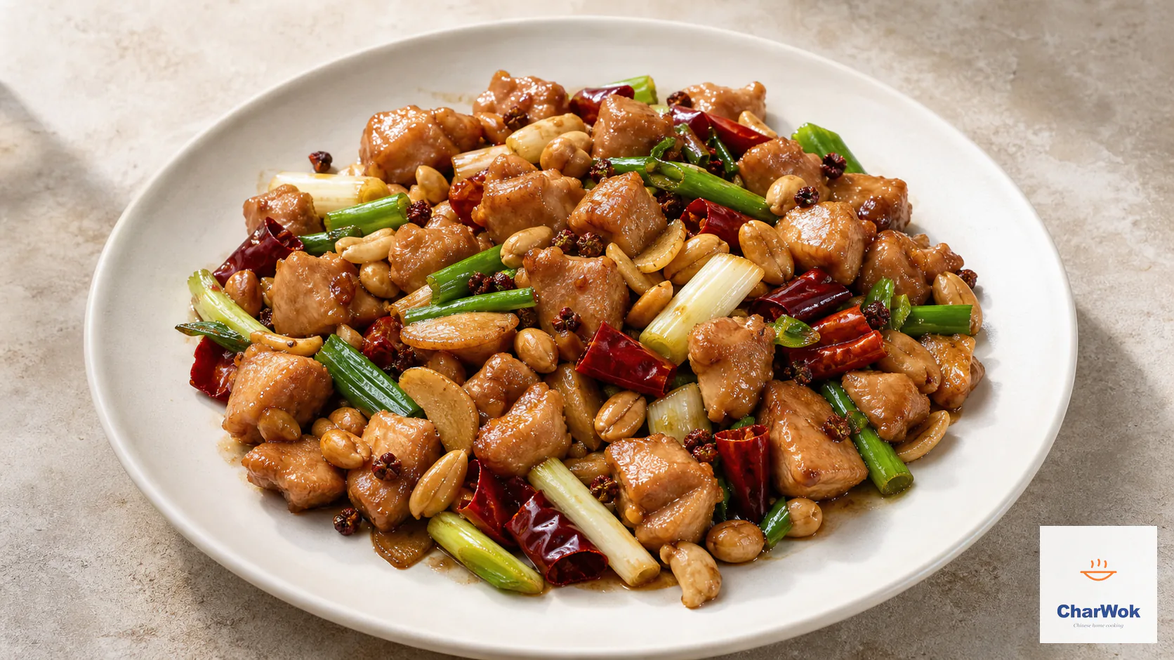 Sichuan Kung Pao chicken with browned chicken-thigh cubes, toasted peanuts, deep-red dried chilies, Sichuan peppercorns, scallion whites and greens, garlic, and ginger in a thin glossy brown sauce