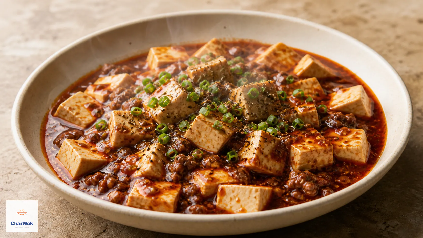 Authentic Sichuan mapo tofu with soft tofu cubes, minced beef, brick-red chili bean sauce, scallion, and ground Sichuan pepper