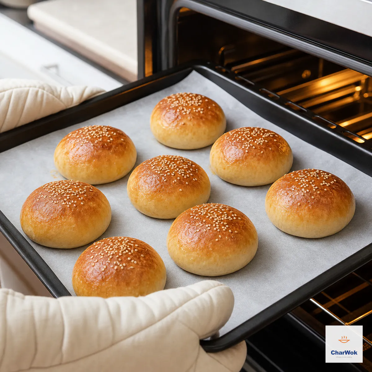 Oven-mitted hands pull out a tray of round deep-golden baked lamb bao whose white sesame seeds remain pale gold rather than burned