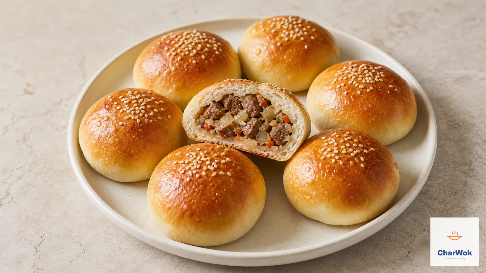 Round deep-golden baked lamb bao topped with white sesame, with one cut open to show diced lamb, softened onion, and carrot inside a fine yeast-bread crumb