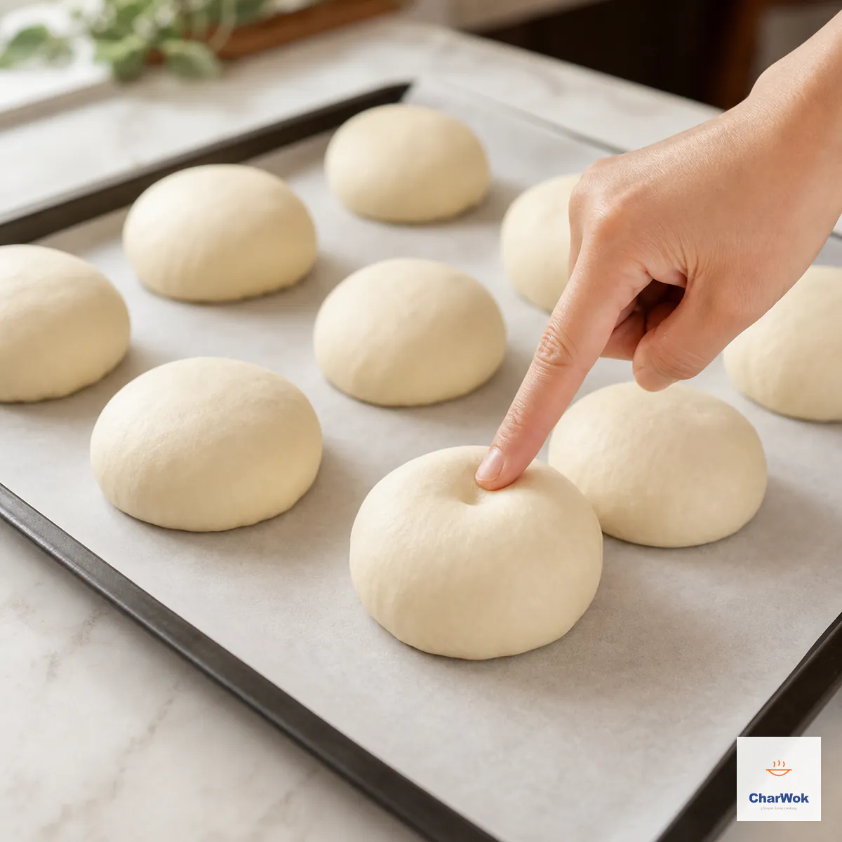 A fingertip makes a shallow indentation in a lightly expanded unbaked lamb bao on a parchment-lined tray to test its slow rebound