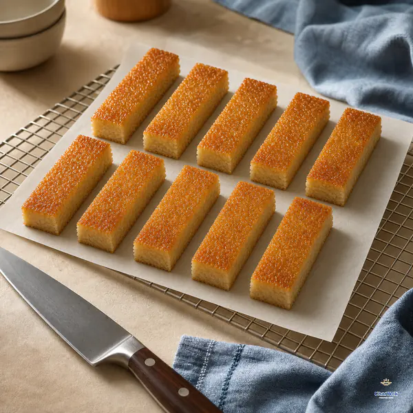 Exactly ten equal golden baked rice-cake bars rest in two rows of five on parchment over a wire rack beside a clean sharp knife