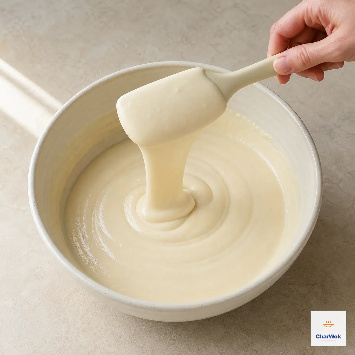 A cream spatula lifts a broad slow ribbon of thick glossy glutinous-rice batter with no dry flour pockets or separated oil