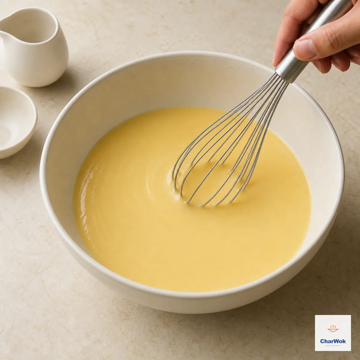 A whisk stirs eggs, coconut milk, and neutral oil into a smooth pale-yellow liquid with no separate oil droplets in a cream bowl