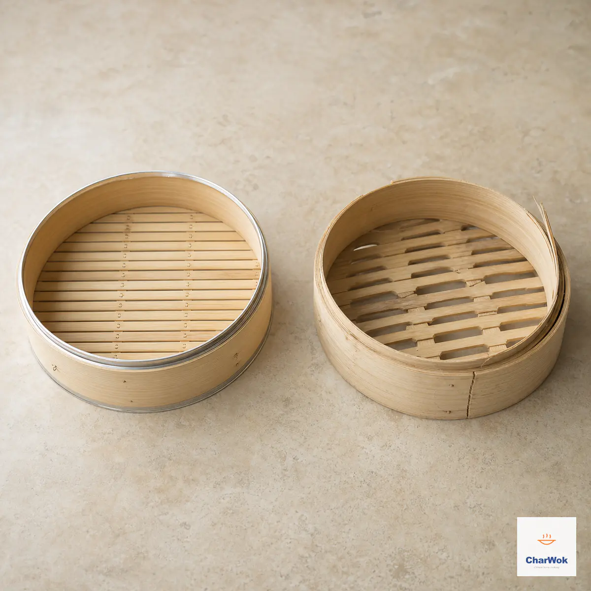 Two empty bamboo steamer baskets compared side by side: the well-made basket is round with tight even slats and metal rings, while the poor basket is warped with loose gaps, a crack, and a splinter