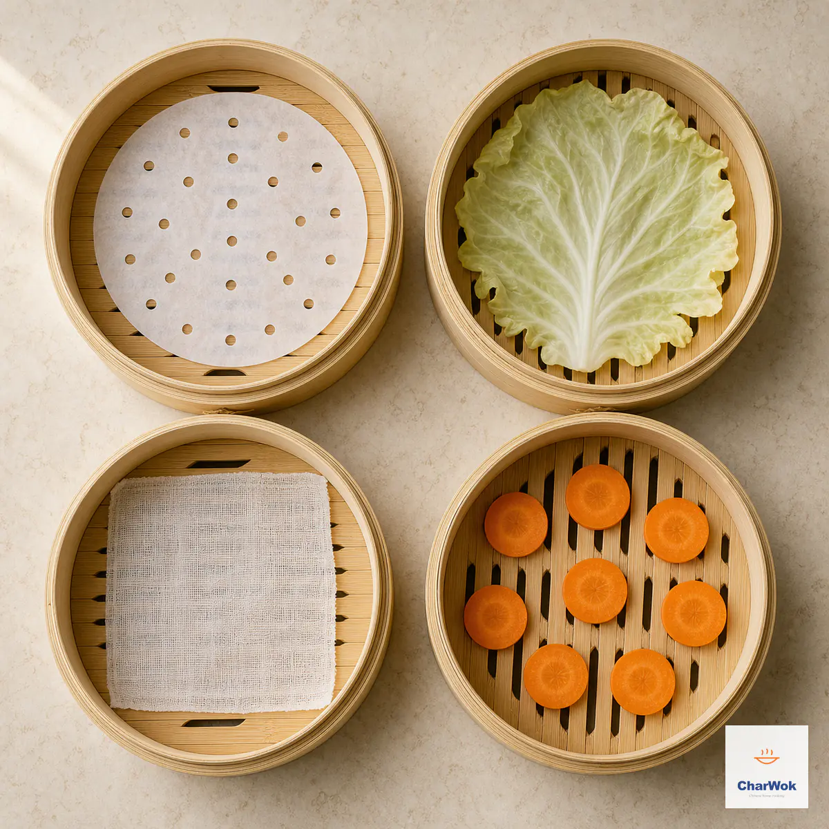 Four bamboo steamer liner options shown overhead: perforated parchment, a cabbage leaf, white steaming cloth, and spaced carrot rounds