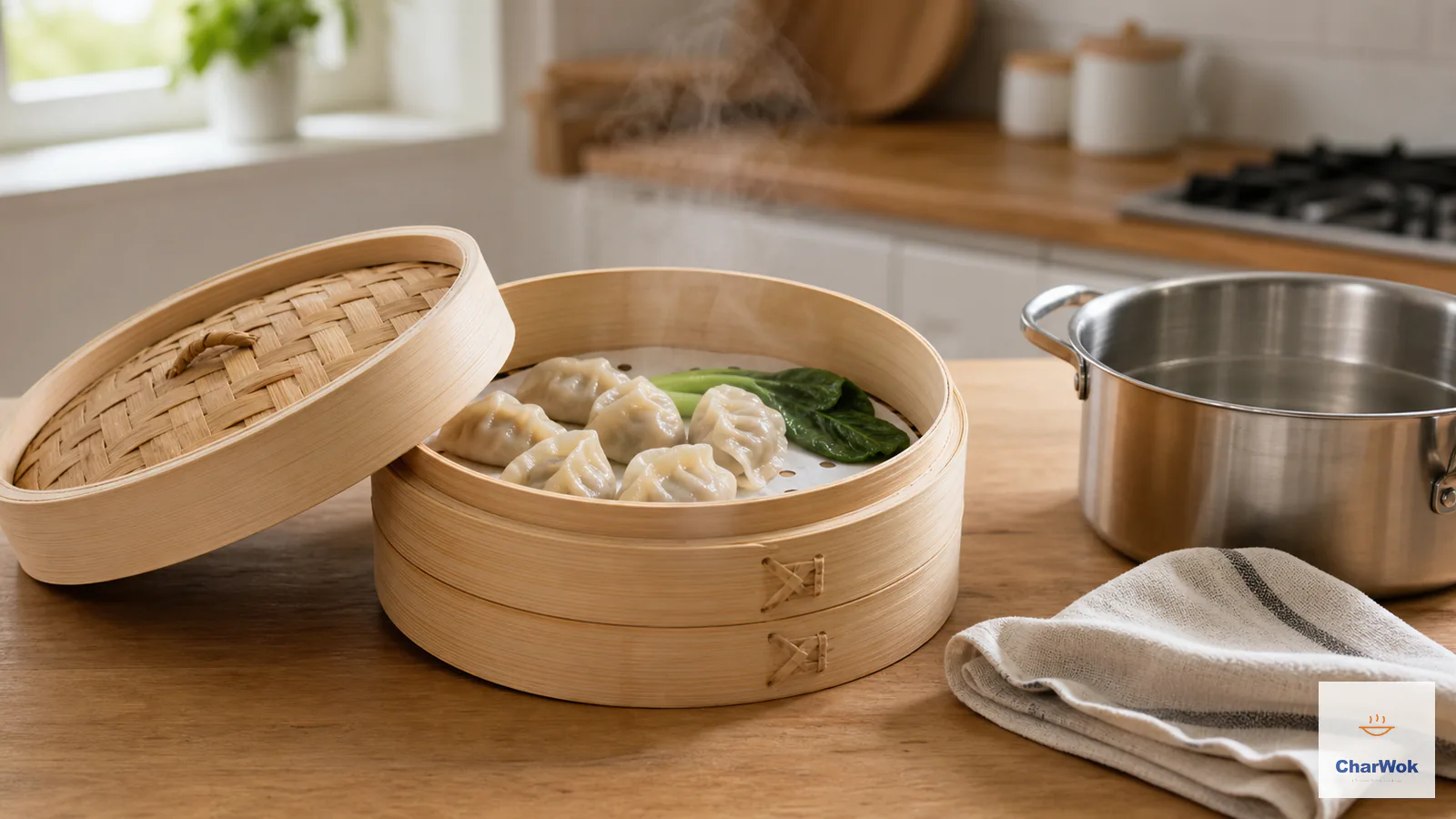An open two-tier bamboo steamer filled with steamed dumplings and greens beside its domed lid and a stainless-steel pot in a home kitchen