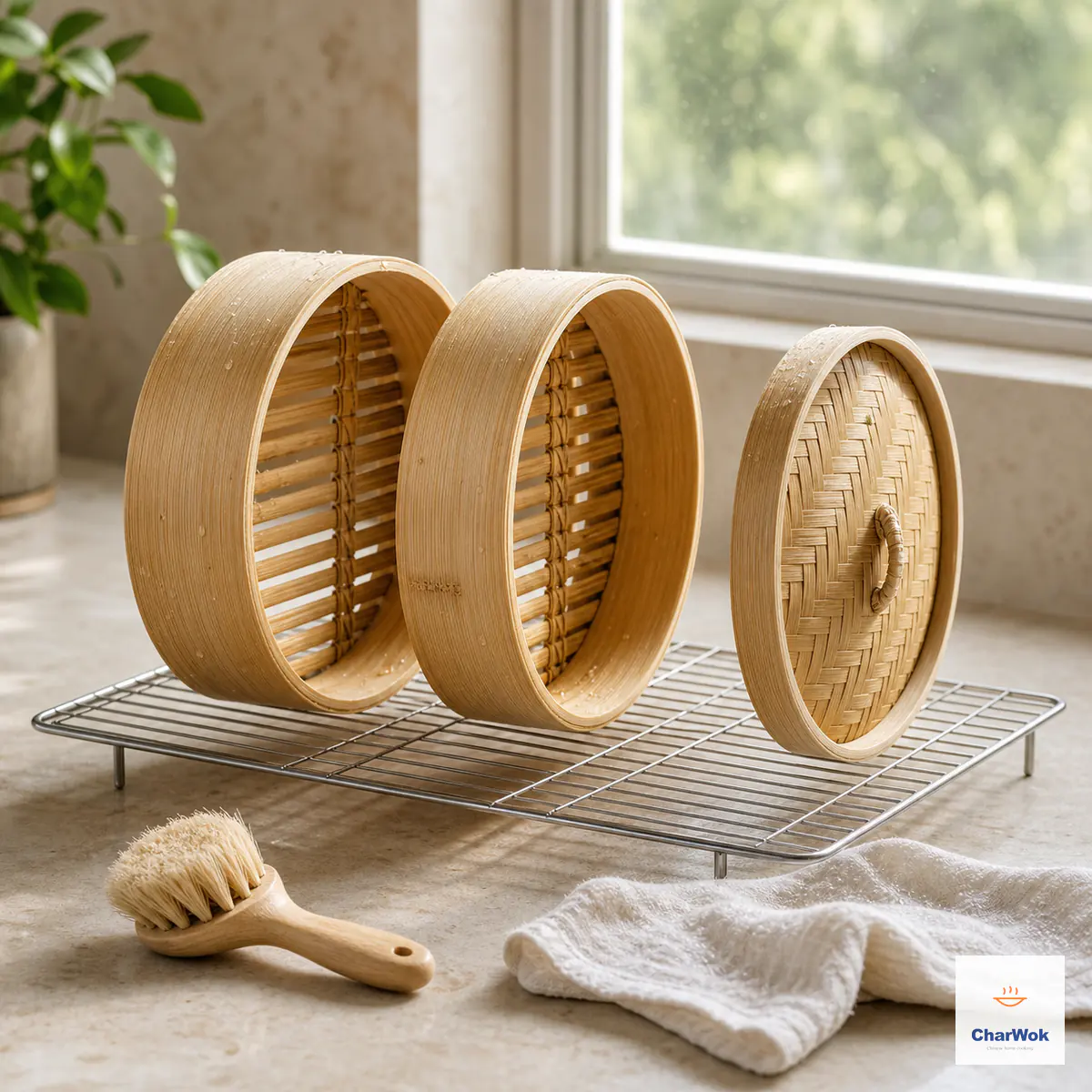 Two rinsed bamboo baskets and their domed lid standing separately upright on a wire rack by an airy window, with a soft brush and cotton cloth nearby