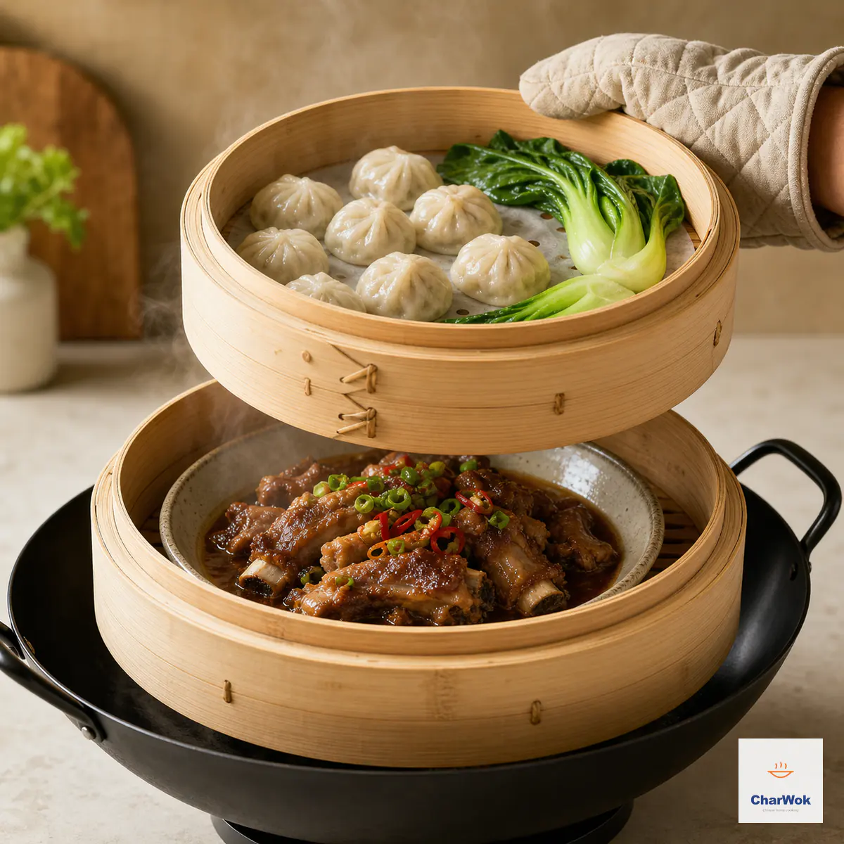A two-tier bamboo steamer with slow-cooking pork ribs in a heatproof dish below and an oven-mitted hand lifting the upper tier of dumplings and bok choy