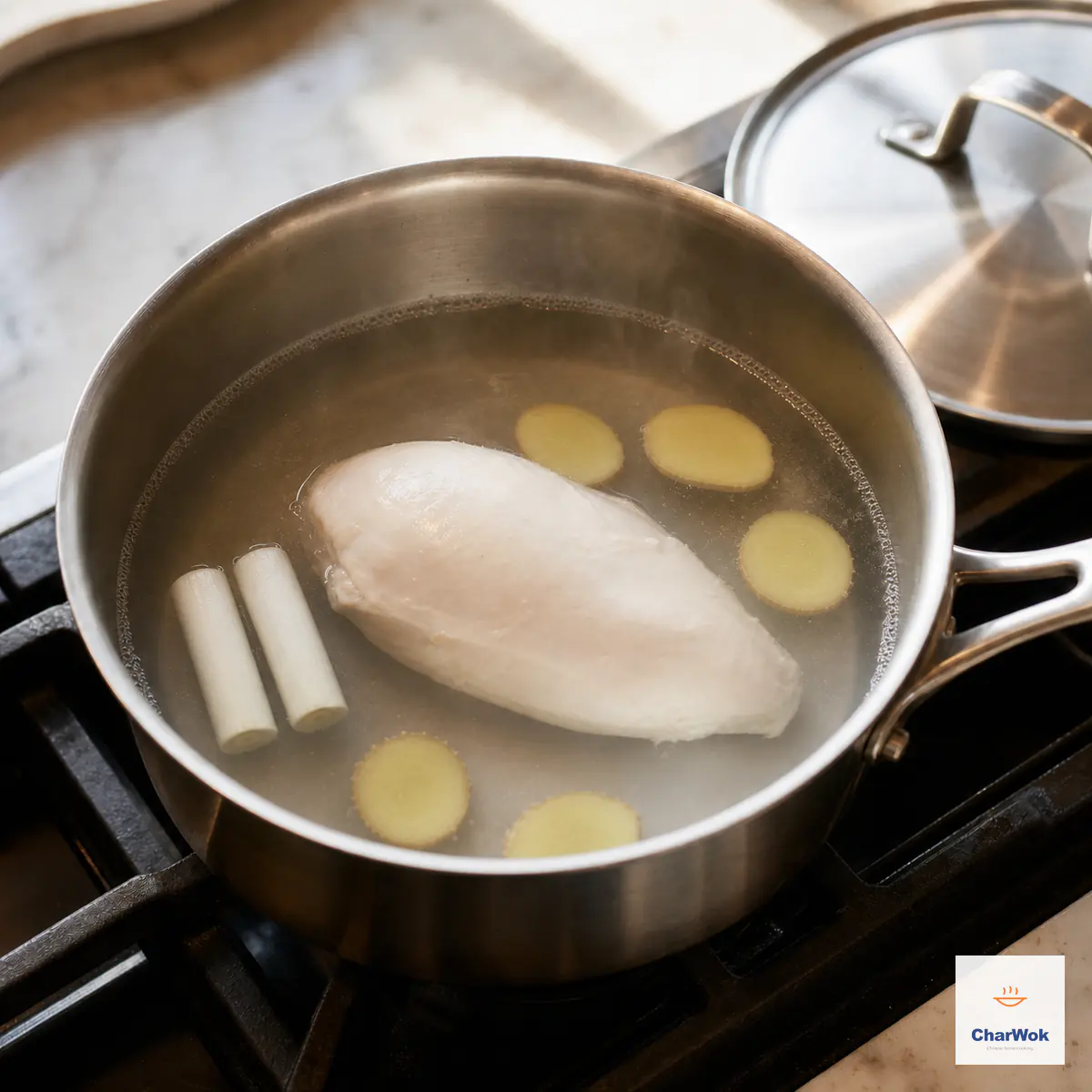 One chicken breast poaches with five ginger slices and two scallion-white pieces as only tiny bubbles ring the saucepan edge and a lid waits beside it