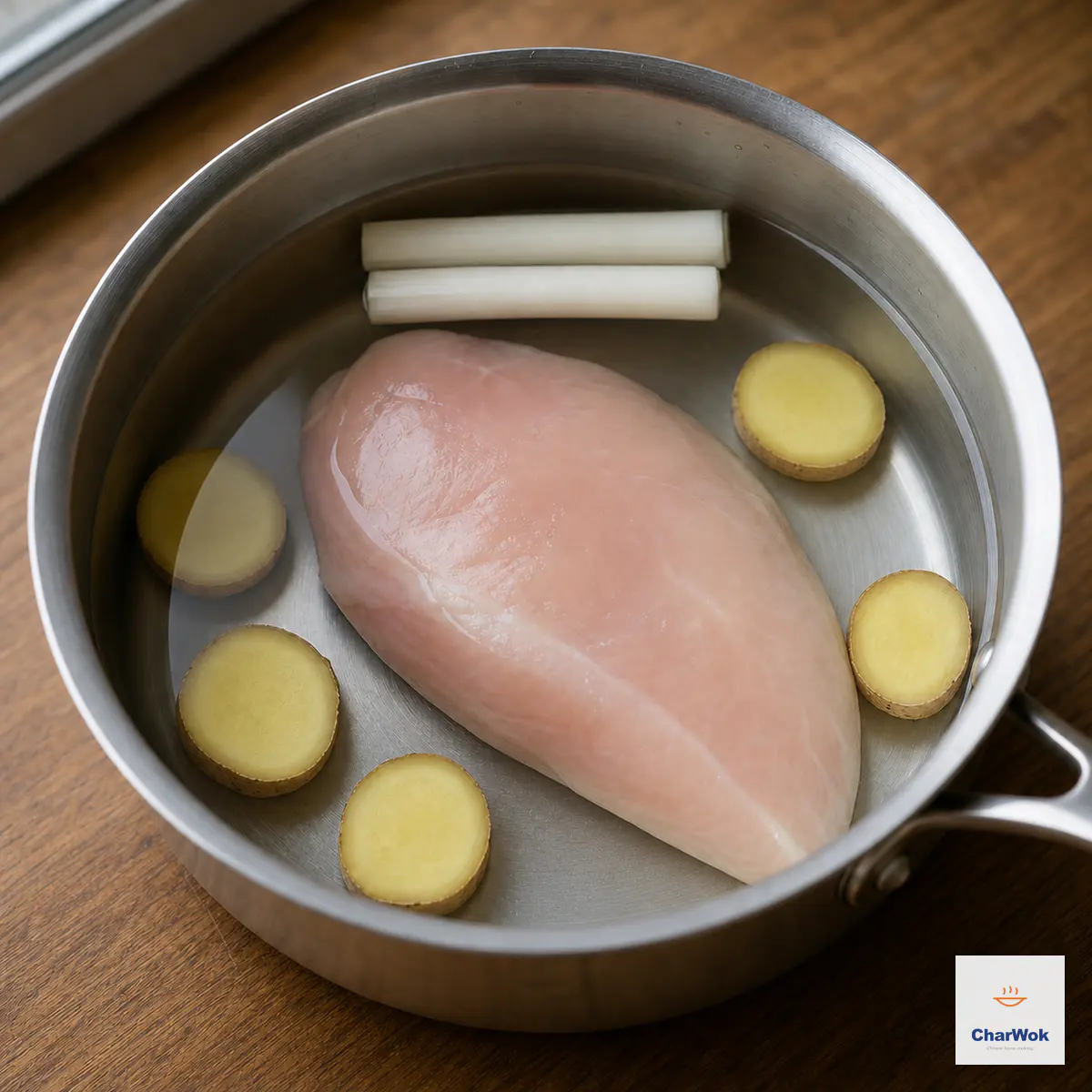 One raw chicken breast sits in completely still cold water with exactly five ginger slices and two scallion-white pieces in a compact saucepan