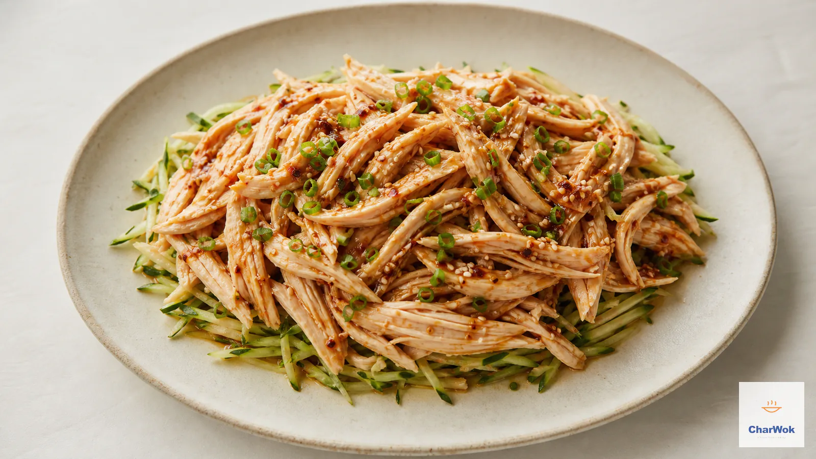 Hand-shredded poached chicken coated in a thin red-brown Sichuan chili dressing over cucumber matchsticks, finished with scallion greens and white sesame