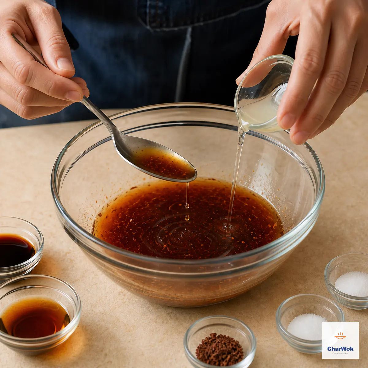 Pale reserved poaching liquid is poured into a thin translucent red-brown soy, vinegar, and chili dressing while a spoon releases quick watery drops