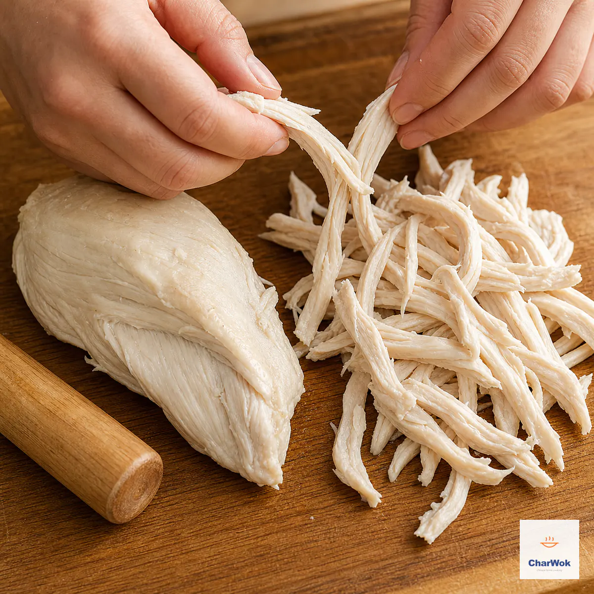 Two hands pull a cooled cooked chicken breast along its grain into thin irregular strands beside a short wooden rolling pin
