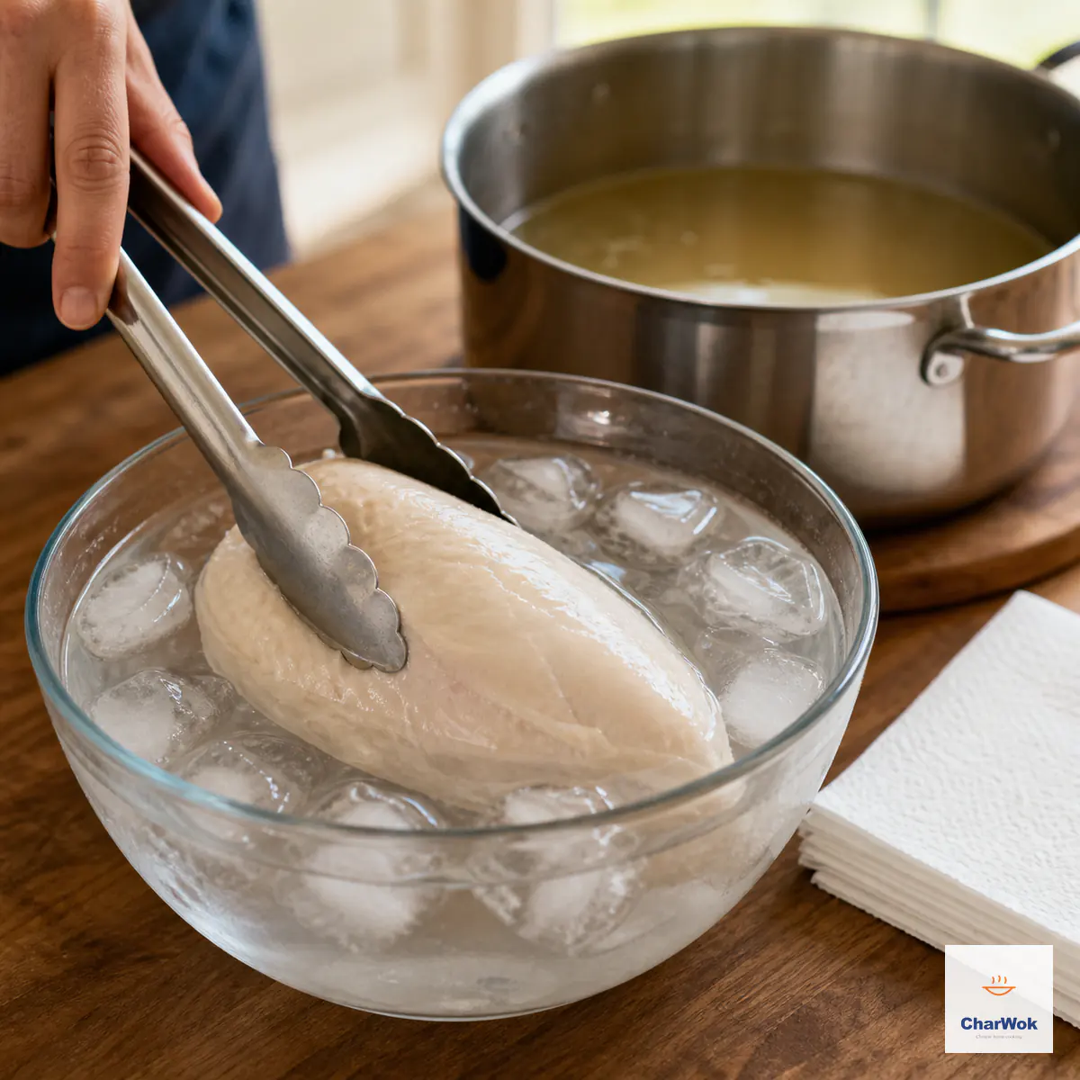 Tongs lower one moist fully cooked chicken breast into ice water while the reserved pale poaching broth remains in its saucepan behind