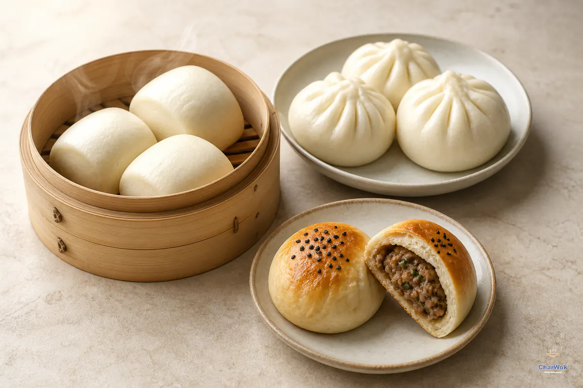 Steamed mantou, pleated bao buns and golden baked filled buns