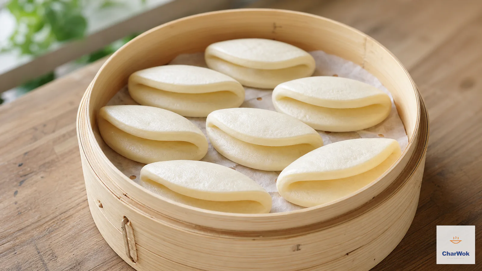 Folded bao buns in a bamboo steamer