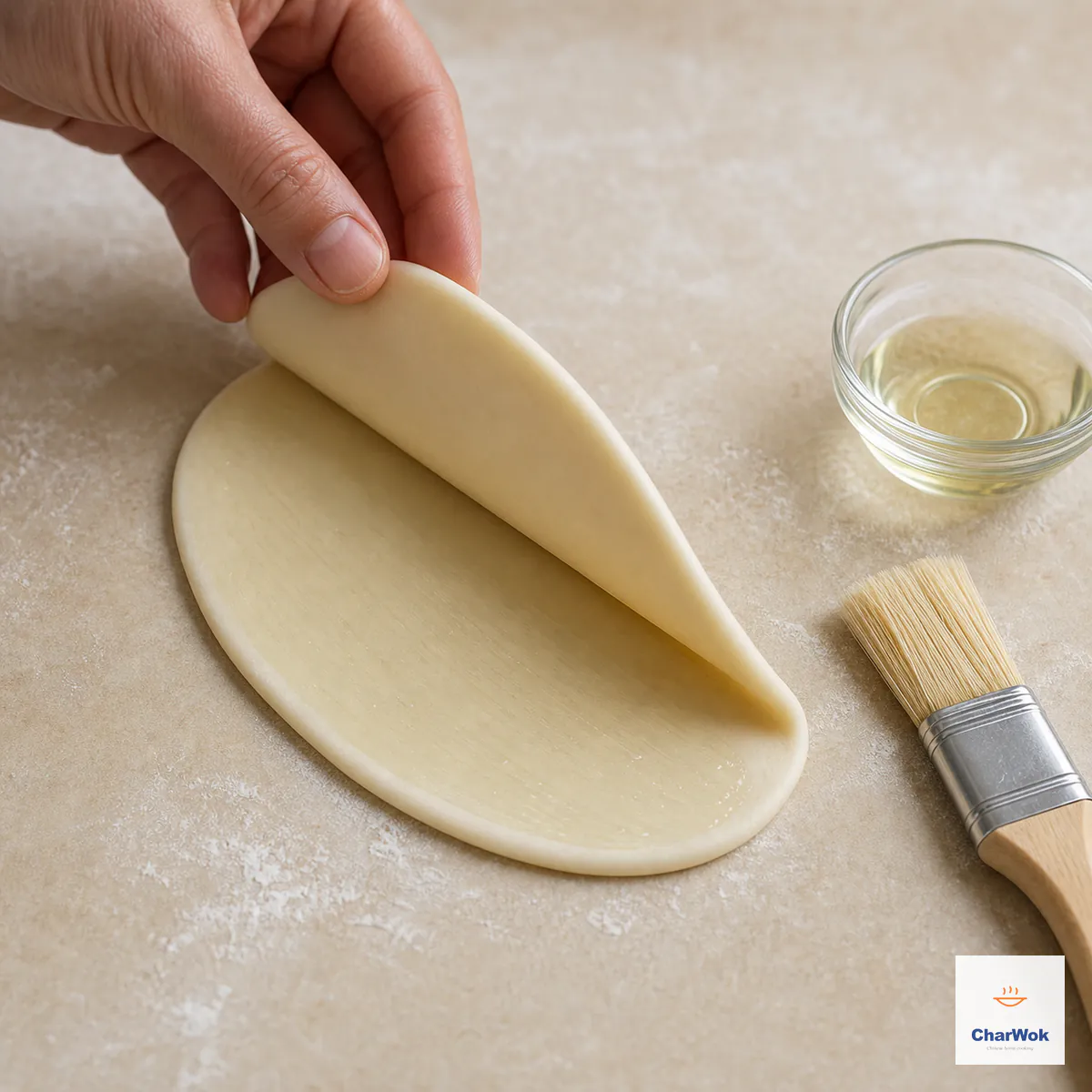 A thin film of neutral oil covers half of one oval bao wrapper as the dry half folds over to form an unsealed pocket