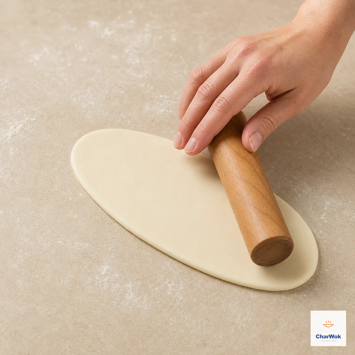 One pale bao dough portion is rolled into a neat oval with a slightly fuller centre and thinner rounded ends