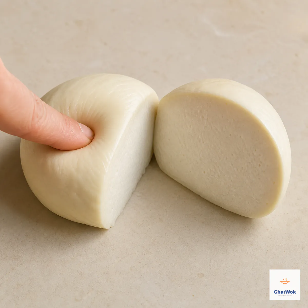 A smooth pale bao dough ball is split to reveal a fine even crumb with only tiny pores while a fingertip checks the surface