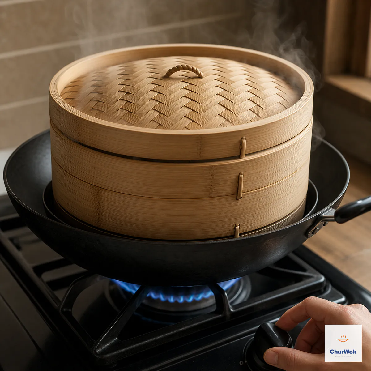 A closed bamboo steamer releases a thin steady stream of steam over a modest blue flame as one hand turns the burner down