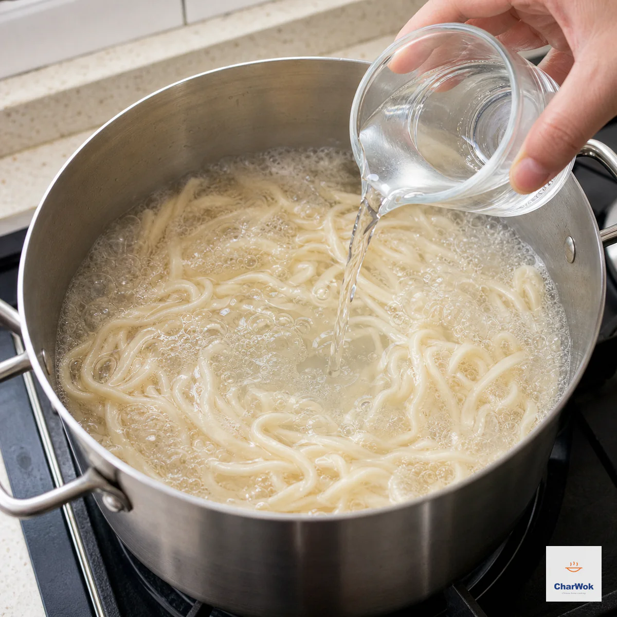 Clear cold water is poured into a large pot of hand-cut noodles just after the water returns to a rolling boil