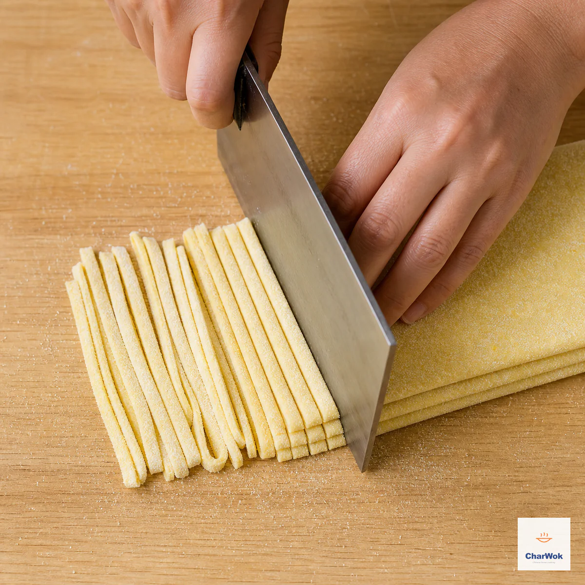 A cornmeal-dusted noodle sheet folded into loose layers is cut straight down with a dry cleaver beside separated strands