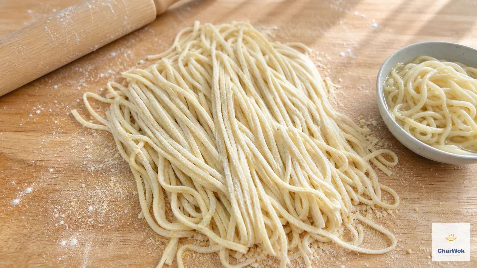 Fresh hand-cut noodles with a bowl of cooked noodles