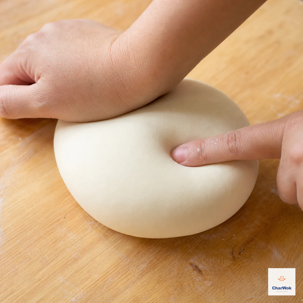 One compact smooth noodle dough is kneaded on an unfloured board while a fingertip checks its firm rebound