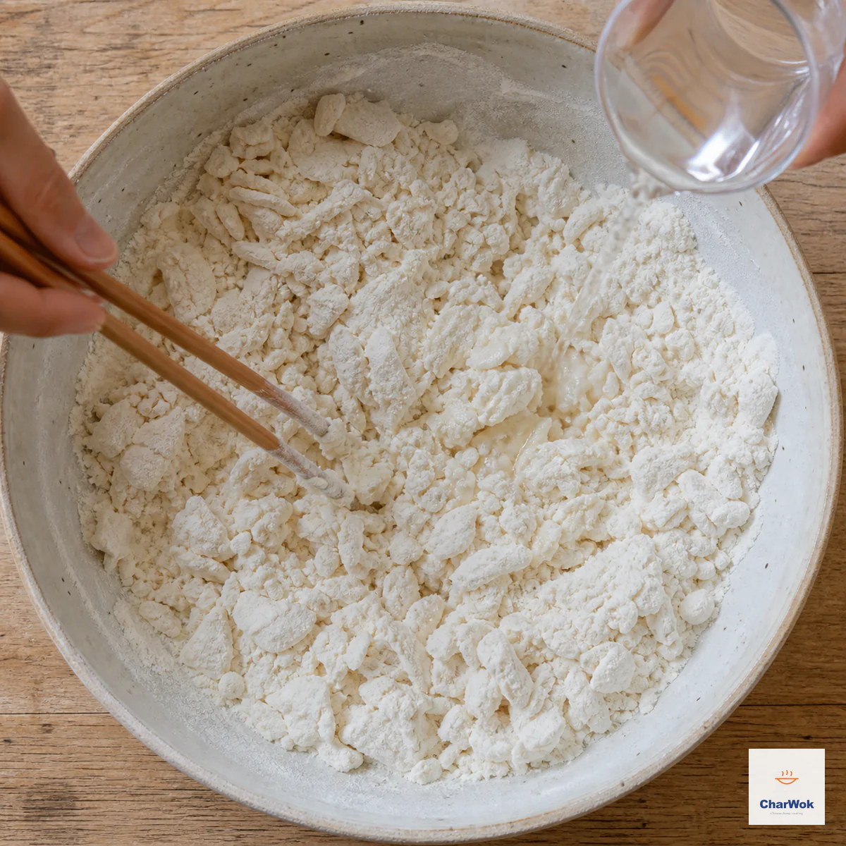 A thin stream of room-temperature water enters flour and salt as chopsticks form rough shaggy flakes with a few dry patches