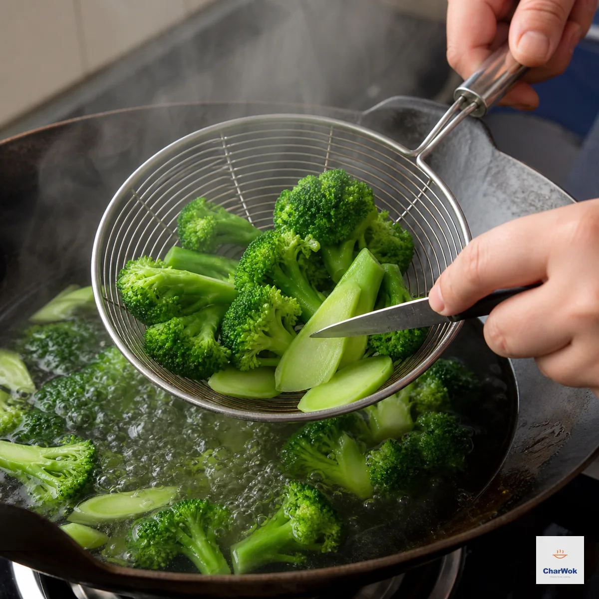 Bright-green broccoli florets and peeled diagonal stems drain in a wire spider while a knife checks one thick stem above rolling water