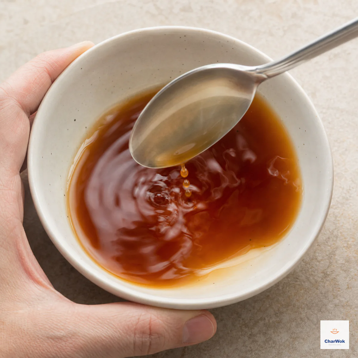 A spoon stirs a thin translucent brown sauce into a fast shallow swirl with separate drops falling back into the bowl