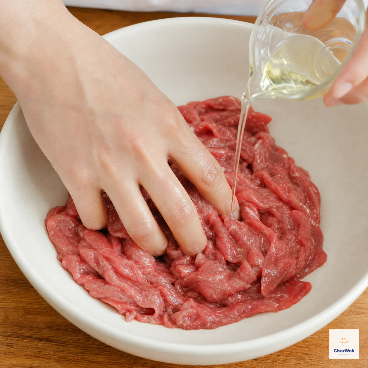 One hand rubs distinct raw beef slices after the velvet marinade has absorbed while a final thin stream of neutral oil is added with no pooled liquid