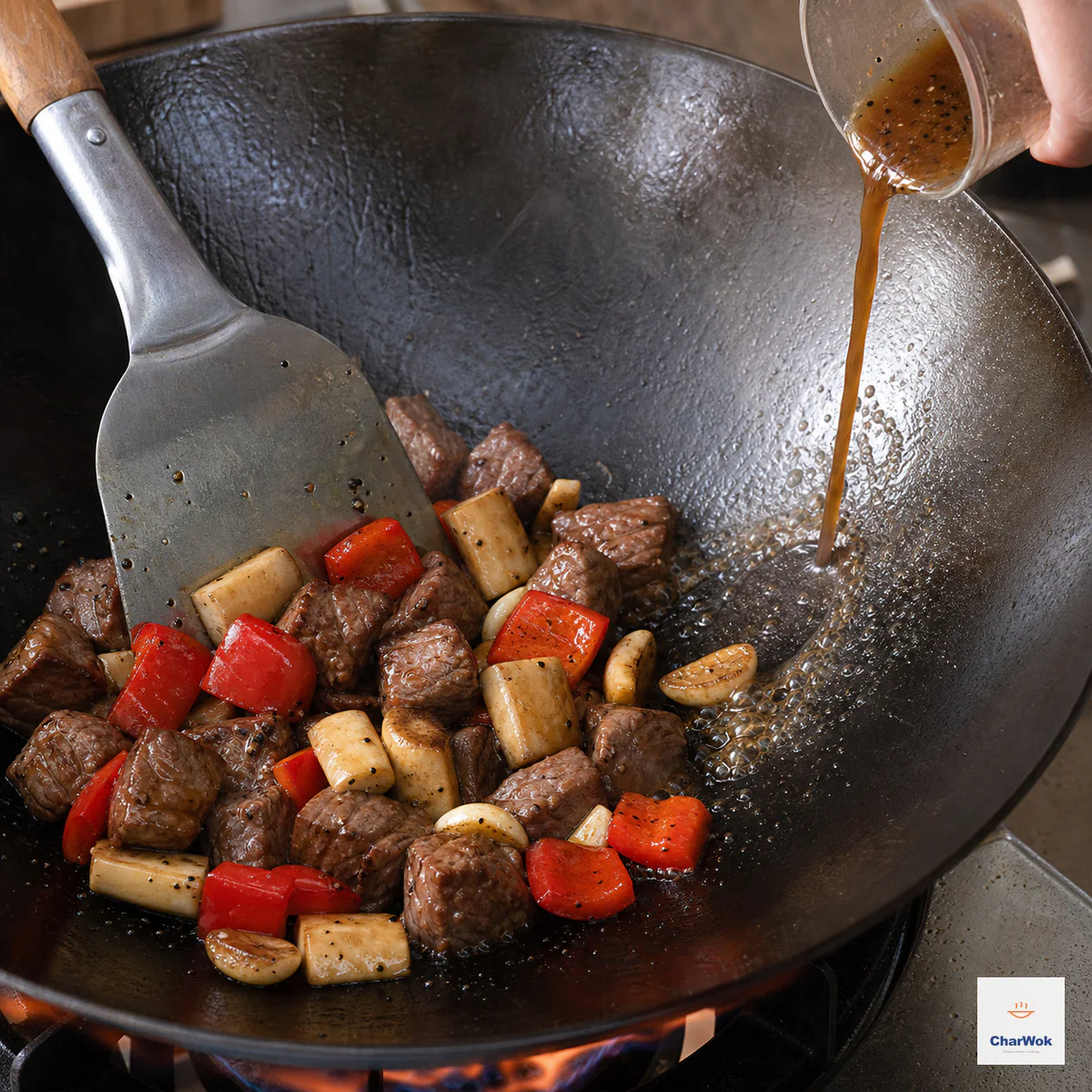 Thin pepper sauce pours onto the bare hot wok edge beside beef, mushroom, bell pepper, and garlic as a glossy coating forms