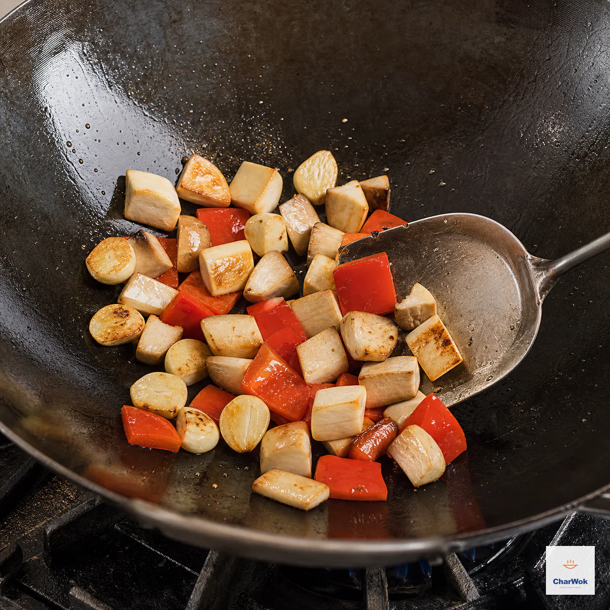 King oyster mushroom cubes, red bell pepper, and halved garlic fry over high heat with pale-golden edges and no pooled water