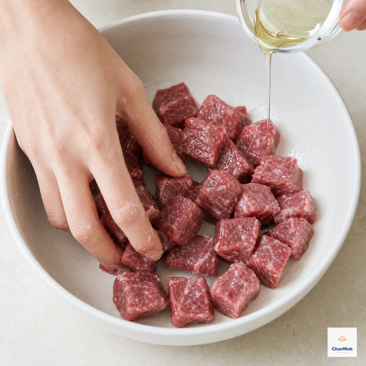 One hand turns separate raw beef cubes after the marinade has absorbed while a final thin stream of neutral oil is added with no pooled liquid