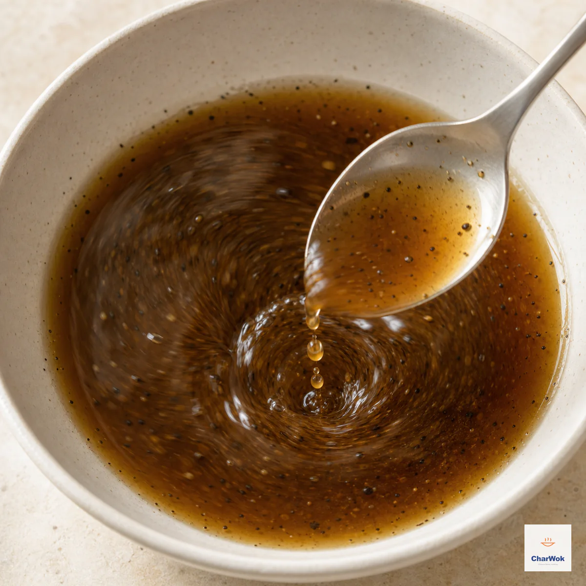 A spoon stirs thin pepper-speckled brown sauce into a fast shallow swirl with separate drops falling back into the bowl