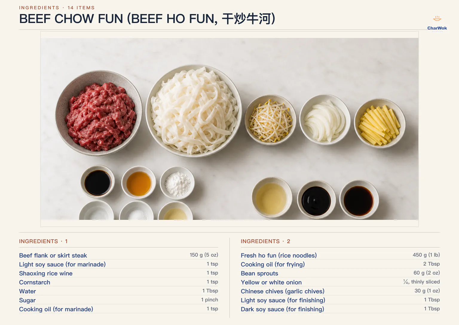 Beef chow fun ingredients labeled in English: beef, fresh wide rice noodles, bean sprouts, onion, yellow chives, marinade, cooking oil, and soy sauces