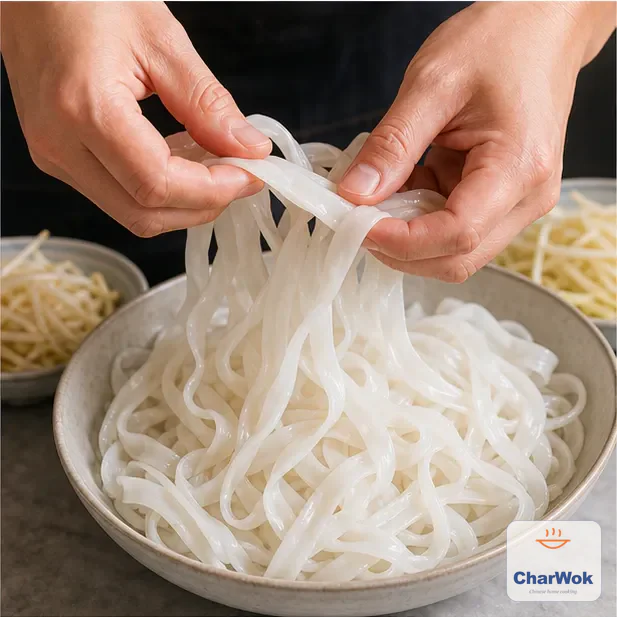 Two hands gently separate fresh wide rice noodles into intact ribbons
