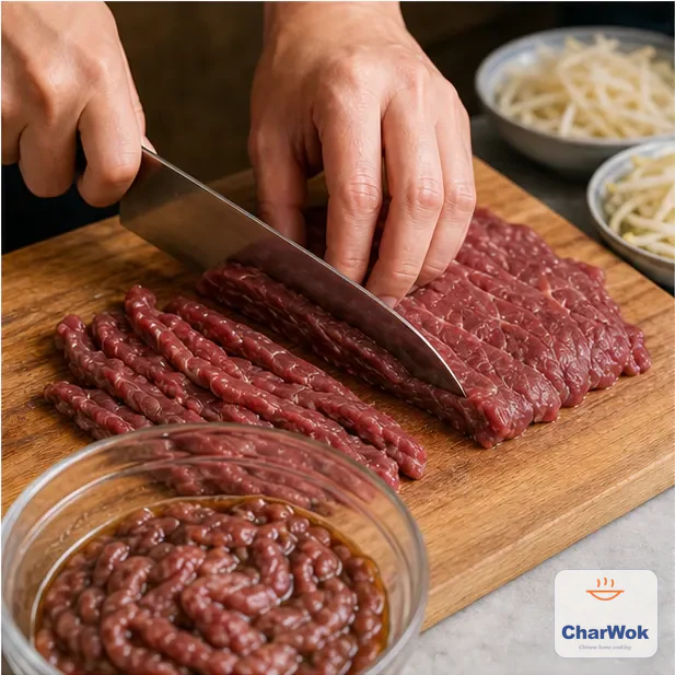 A cook slices beef thinly across the visible grain on a wooden cutting board