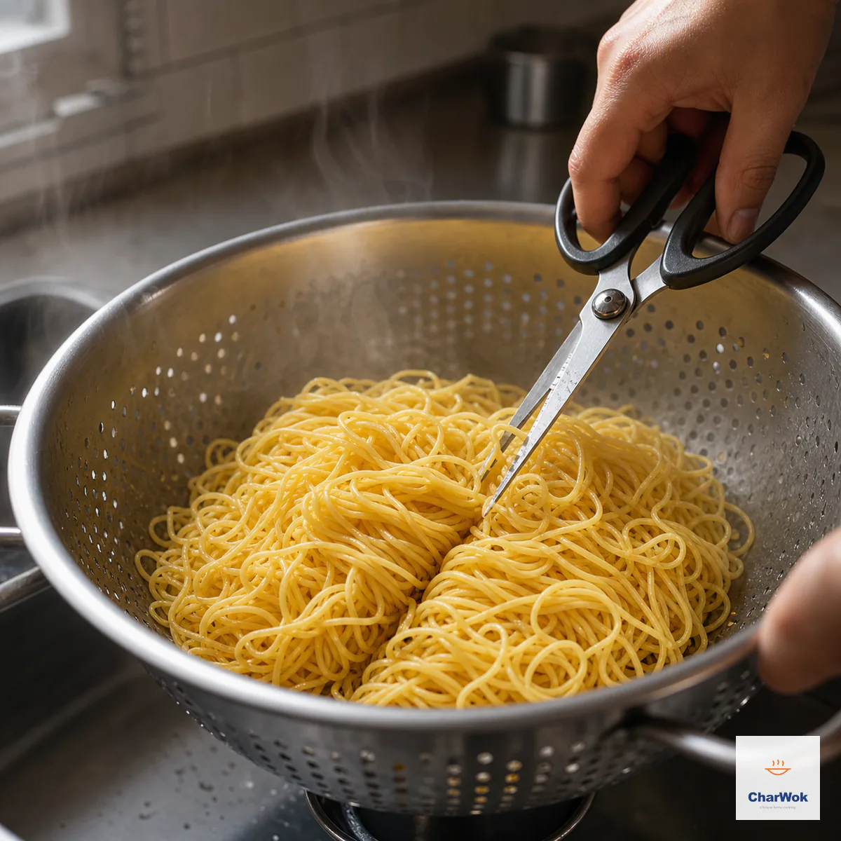 Egg noodles are lifted from a colander to drain thoroughly while kitchen scissors snip the long strands into manageable lengths
