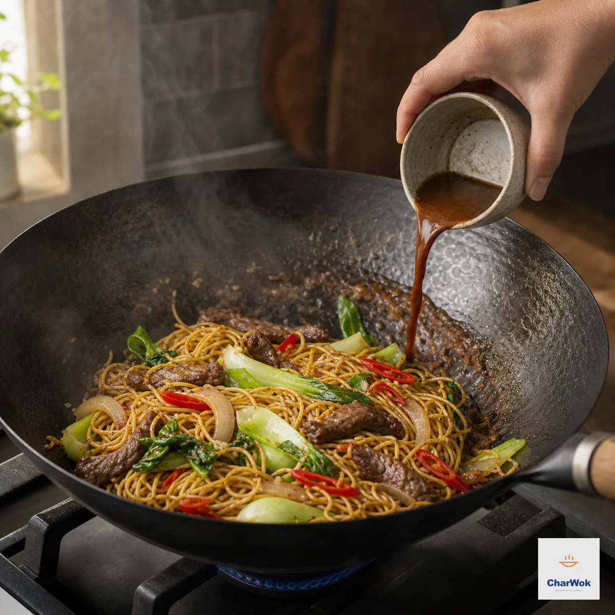 Sha cha sauce is poured around the hot wok rim over glossy beef chow mein while the noodles remain dry and no sauce pools at the bottom