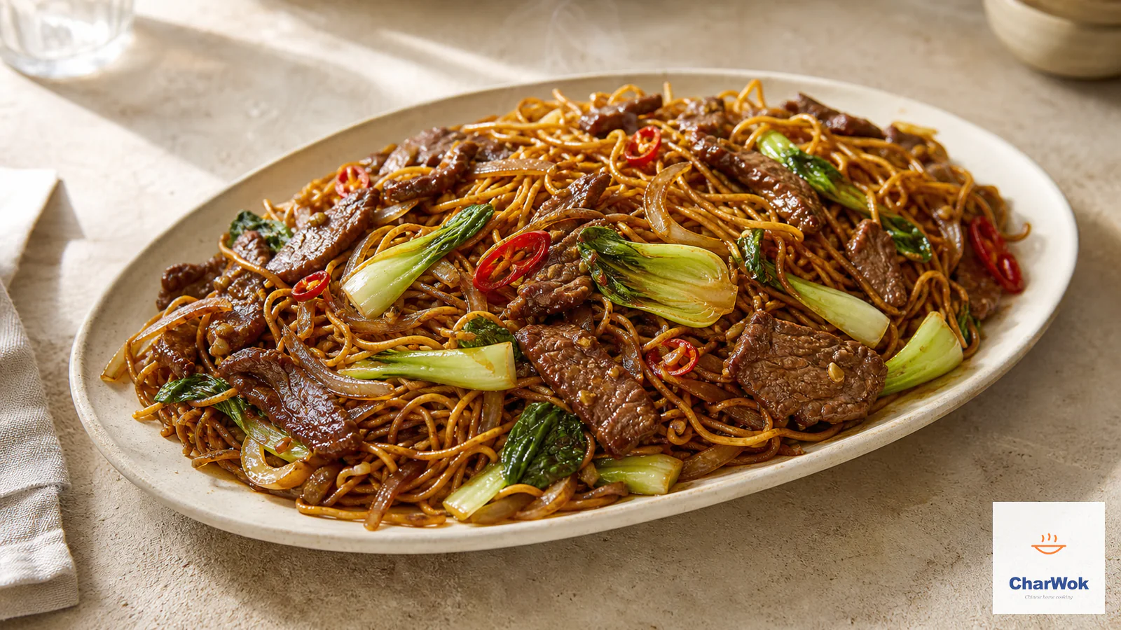 Beef chow mein with glossy egg noodles, thin beef slices, onion, red chili, and bok choy in a dry sha cha sauce
