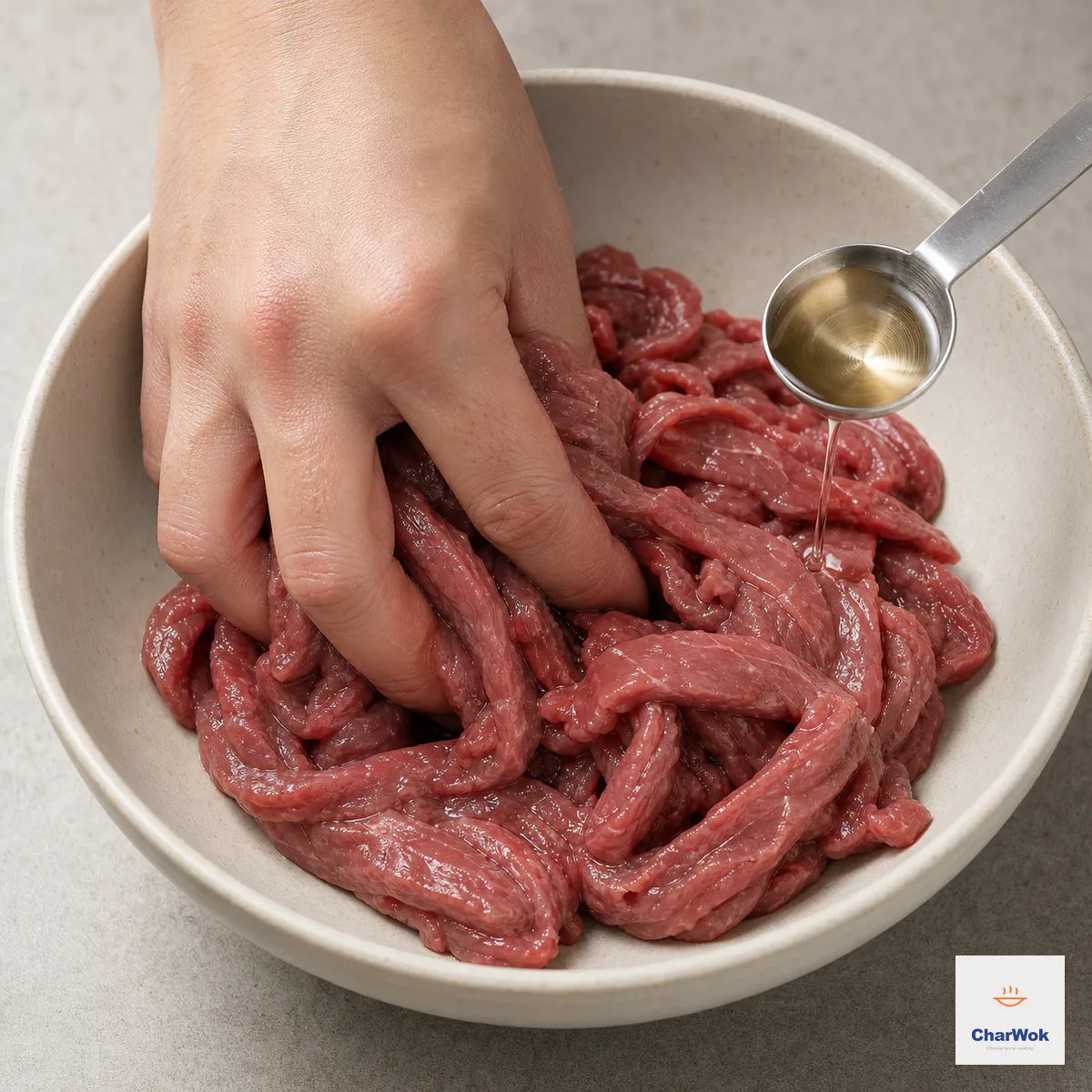 Thin beef strips in a bowl have absorbed the marinade and look tacky, with a thin film of neutral oil sealing the surface