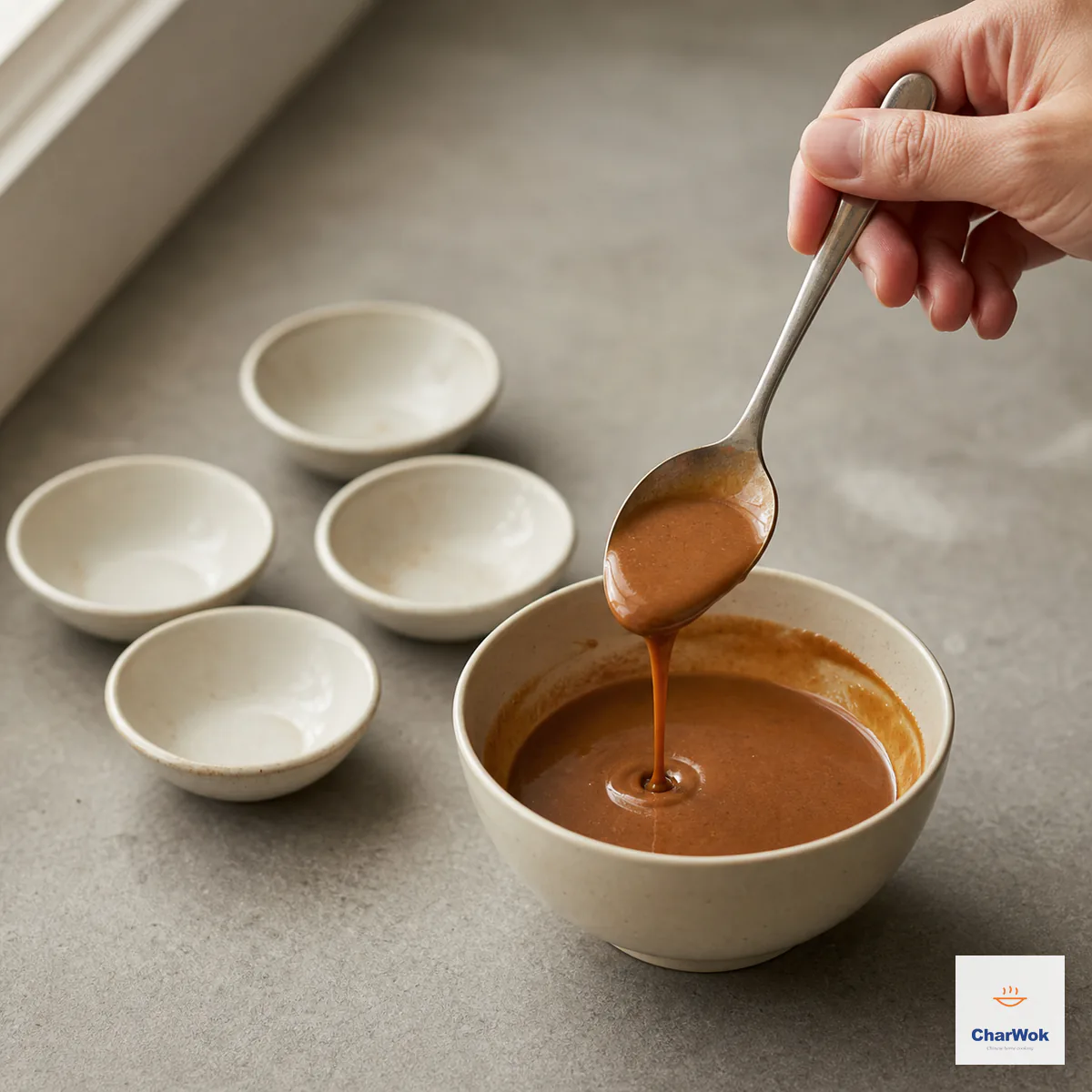 Sha cha sauce, light soy sauce, dark soy sauce, and water are whisked into a smooth, flowable brown sauce without clumps or oil separation