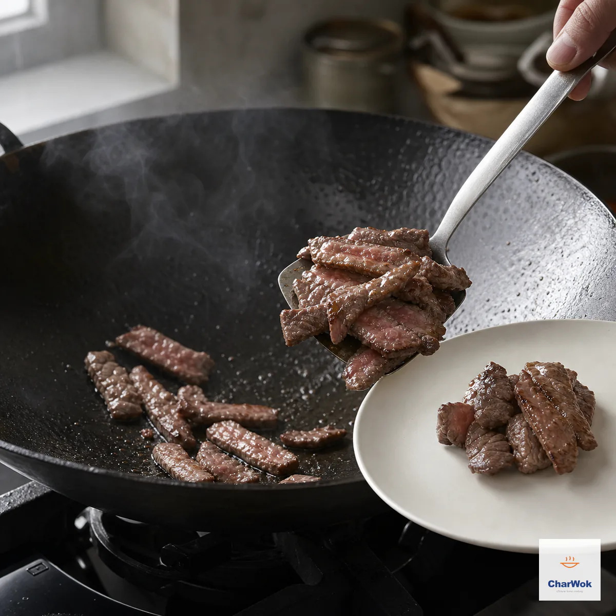Thin beef slices sear alone in a very hot wok until the exterior has no red patches, ready to be removed immediately