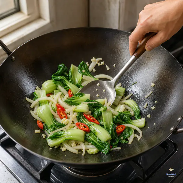 Baby bok choy, onion, minced garlic and red chili stir-fry alone in a hot wok without beef or noodles