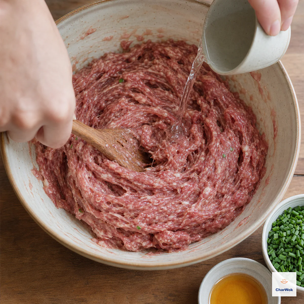 A thin stream of water or stock enters glossy sticky raw beef filling as it is stirred in one direction, with no pooled liquid and the chives waiting separately